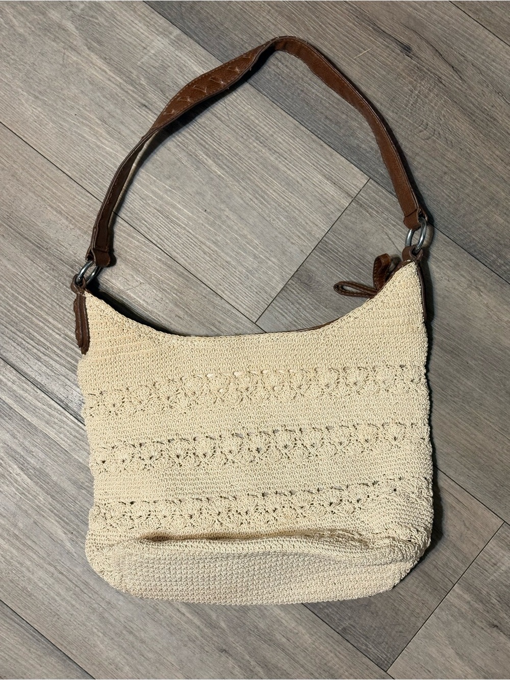 Vintage 80s Boho Jaclyn Smith Cream Crochet Straw Hobo Shoulder Bag Purse Tote